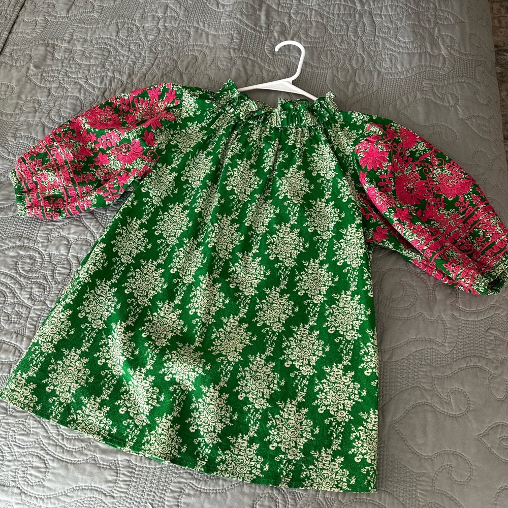 THML Green/White/Pink Smock Neck Blouse
